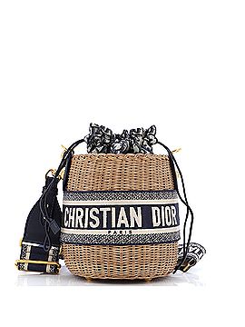 Christian Dior 100% Other Blue Drawstring Bucket Bag Wicker with
