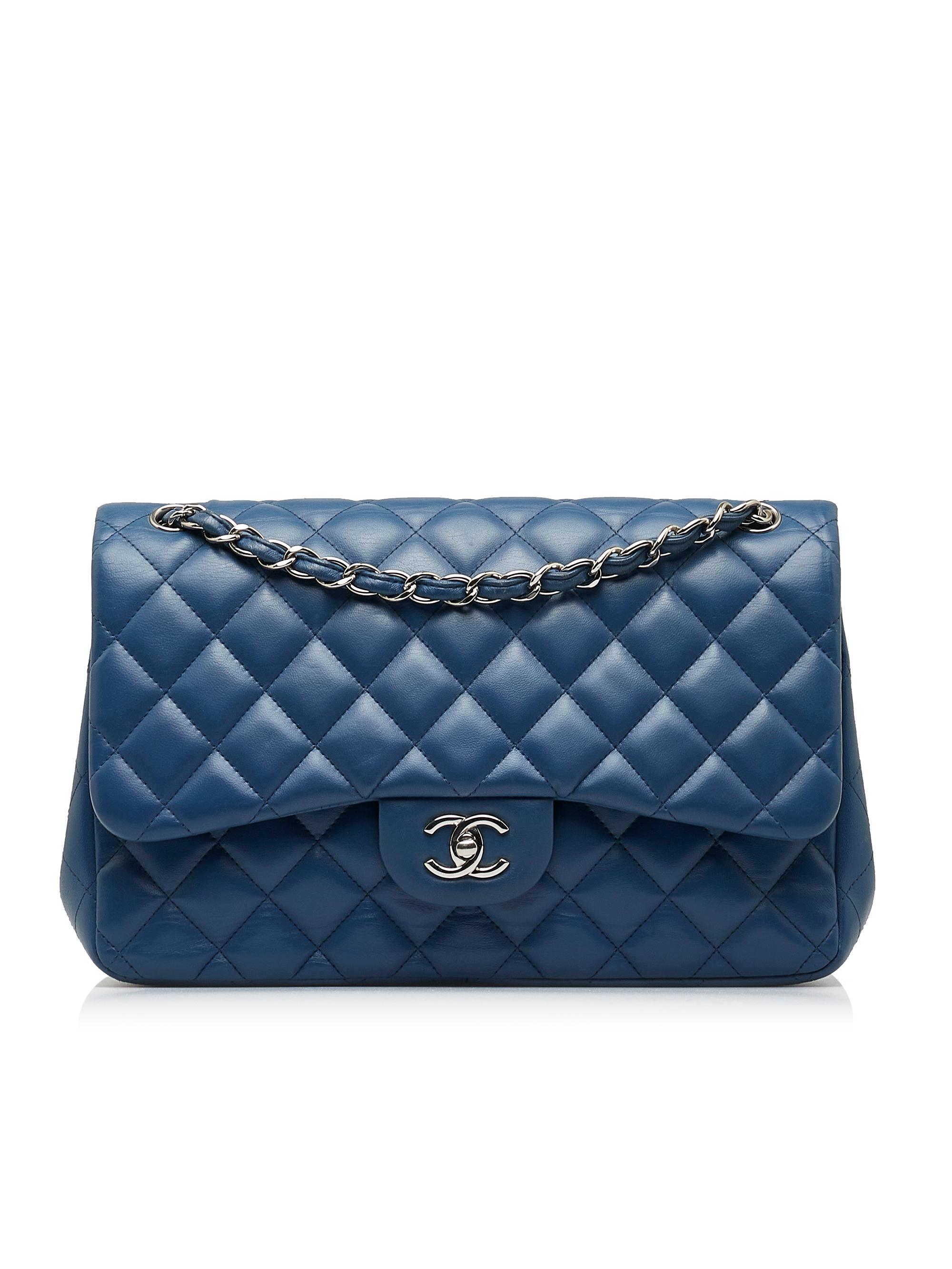 Chanel 100% Lambskin Blue Jumbo Classic Lambskin Double Flap One Size ...