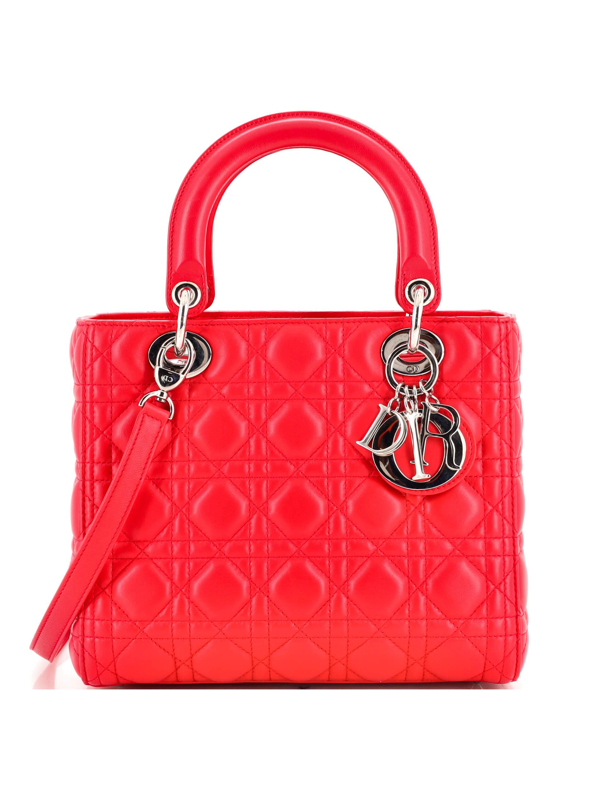 Christian Dior 100% Leather Red Lady Dior Bag Cannage Quilt Lambskin ...