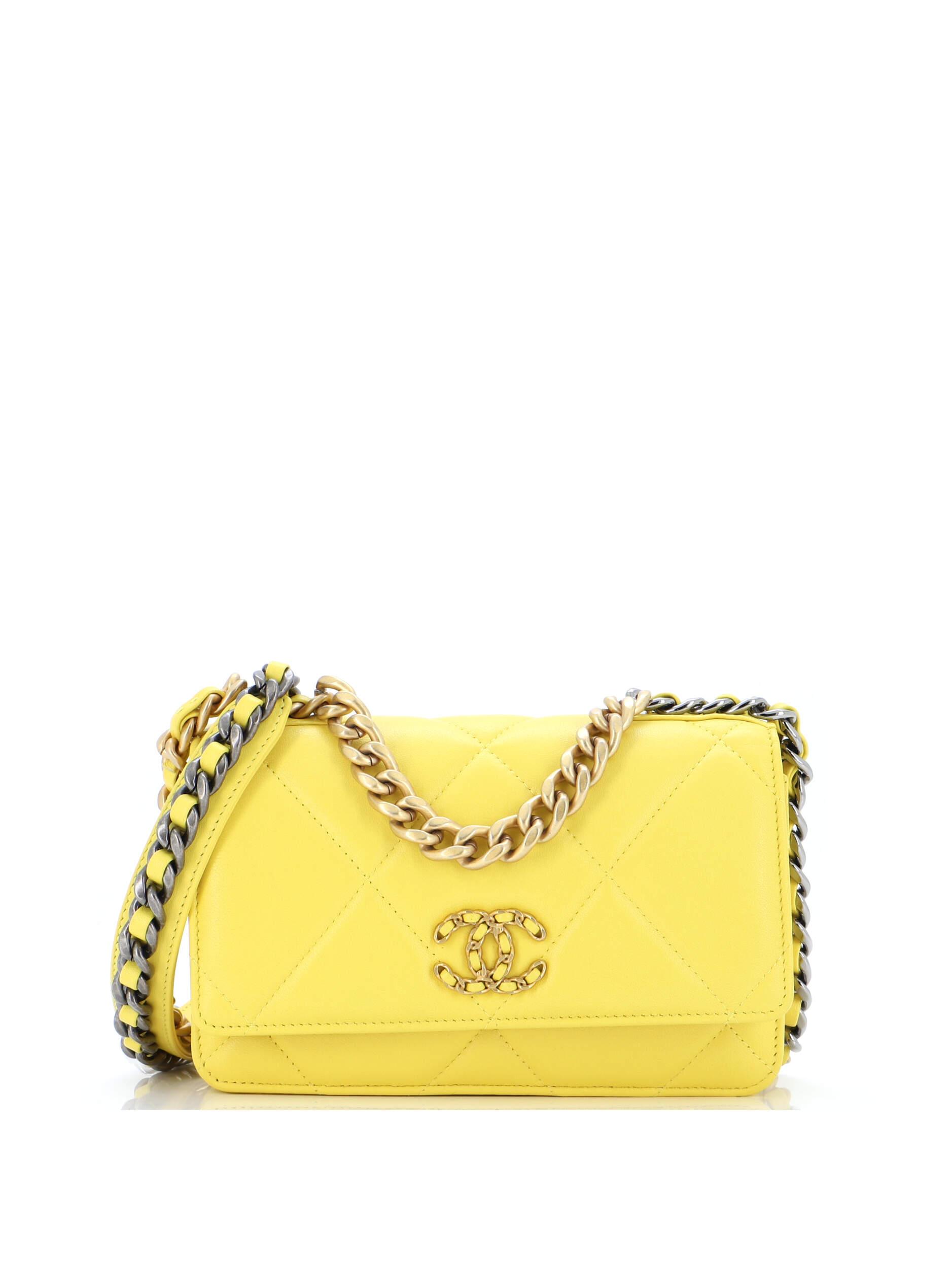 Chanel 100 Leather Yellow 19 Wallet on Chain Quilted Goatskin One Size