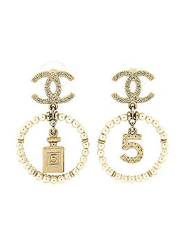 Chanel N. 5 Round Dangle Earrings Crystal Embellished Metal and Faux Pearls (view 1)