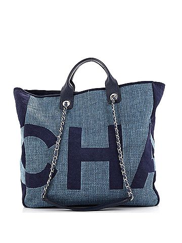 Chanel 100 Raffia Blue Deauville Logo Shopping Tote Printed