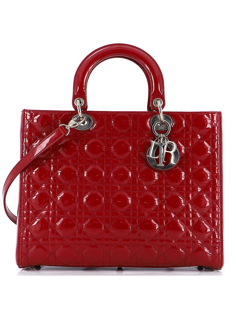 Christian Dior 100% Patent Leather Red Lady Dior Bag Cannage Quilt ...