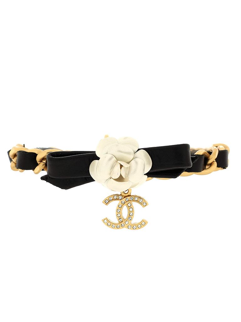 Chanel Black CC Camellia Chain Bracelet Metal and Leather with Crystals One Size - photo 1