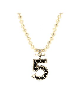 Chanel CC No.5 Woven Chain Pearl Strand Pendant Necklace Faux Pearls with Metal, Leather and Crystals (view 1)