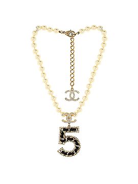 Chanel CC No.5 Woven Chain Pearl Strand Pendant Necklace Faux Pearls with Metal, Leather and Crystals (view 2)