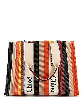 Chloé Woody Tote Striped Canvas with Leather Large (view 1)