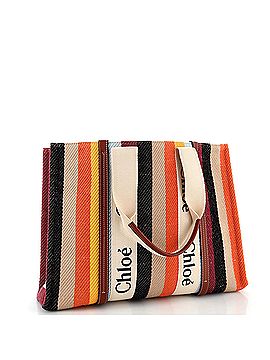 Chloé Woody Tote Striped Canvas with Leather Large (view 2)