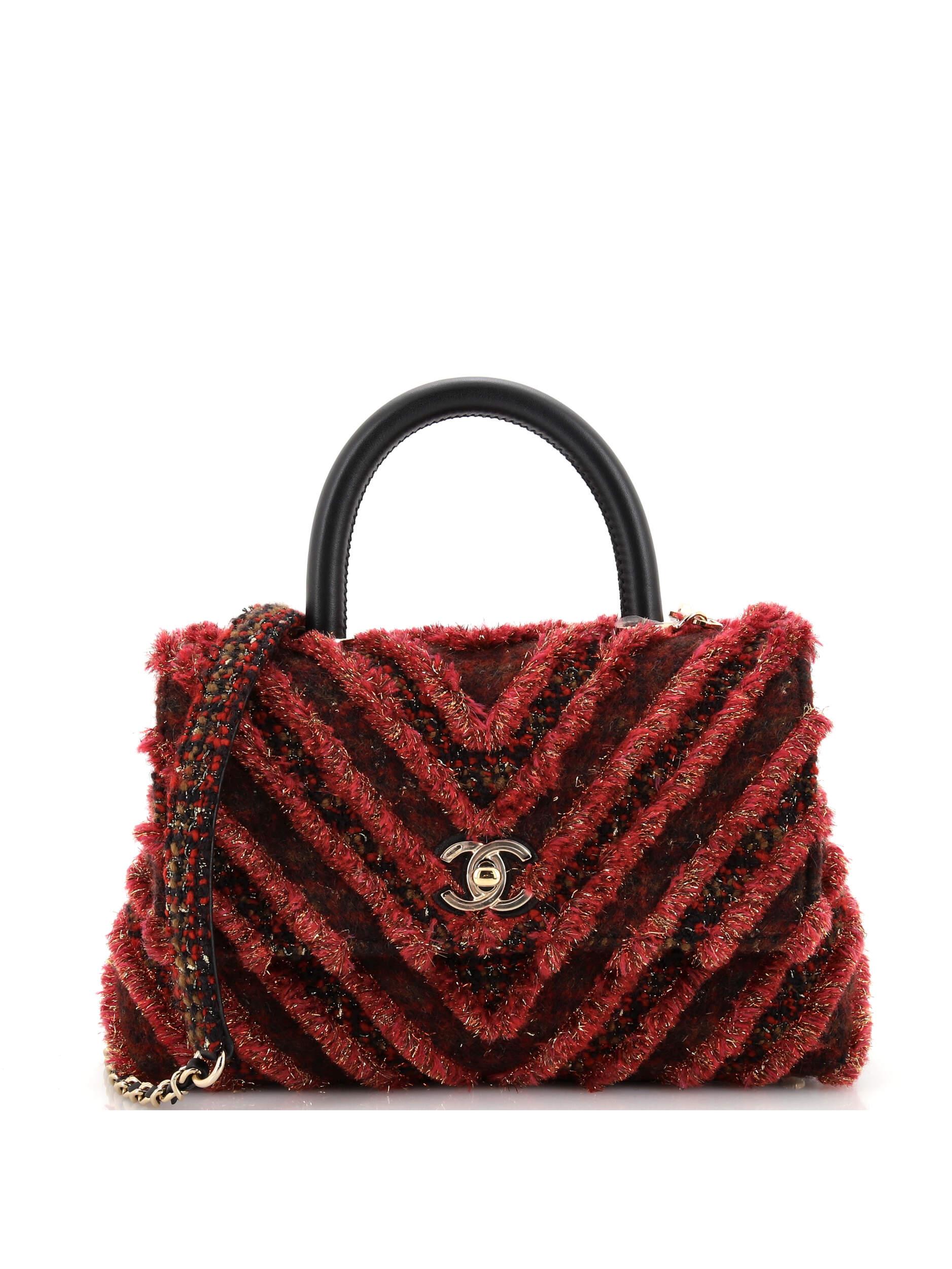 Chanel 100 Tweed Red Coco Top Handle Bag Chevron Tweed and Fringed