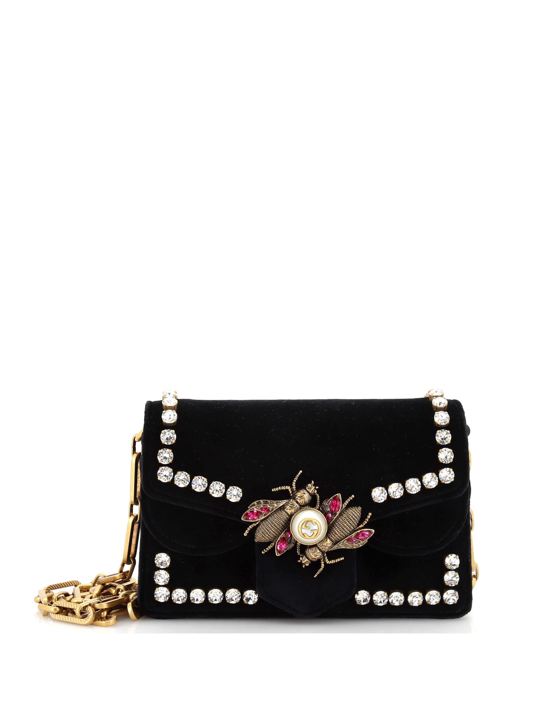 Gucci 100% Velvet Black Broadway Pearly Bee Shoulder Bag Crystal ...