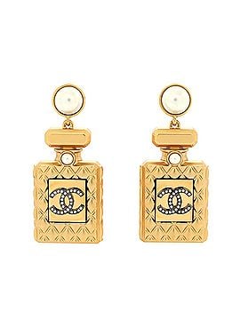 Chanel CC Perfume Bottle Dangle Earrings Metal with Crystals and Faux Pearls (view 1)