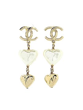 Chanel CC Pearl Double Heart Drop Earrings Metal with Resin (view 1)