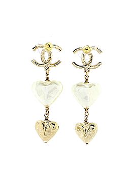 Chanel CC Pearl Double Heart Drop Earrings Metal with Resin (view 2)