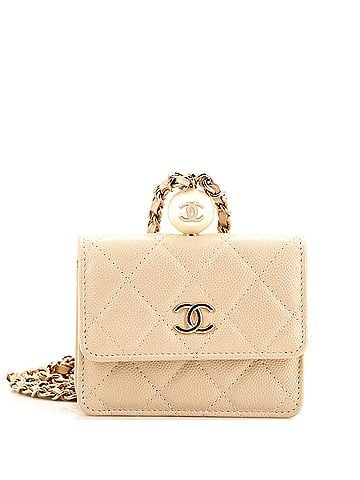 Chanel CC Pearl Coin Card Holder with Chain Quilted Iridescent Caviar (view 1)