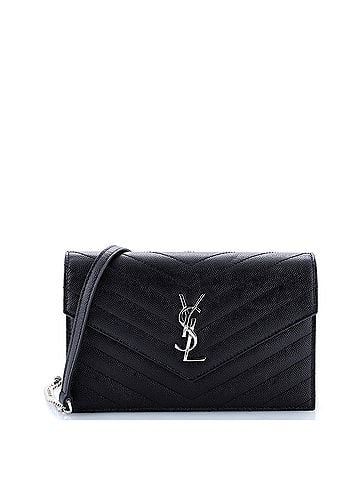 Saint Laurent Classic Monogram Wallet on Chain Matelasse Chevron Metallic Leather Small (view 1)