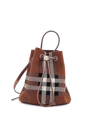 Burberry TB Drawstring Bucket Bag Check Knitted Fabric Small (view 1)