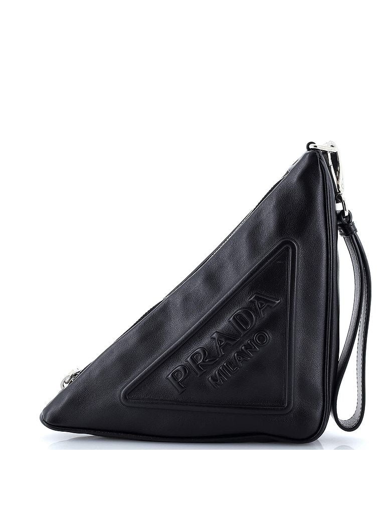 Prada 100% Leather Black Triangle Logo Wristlet Pouch Embossed Leather One size - photo 1