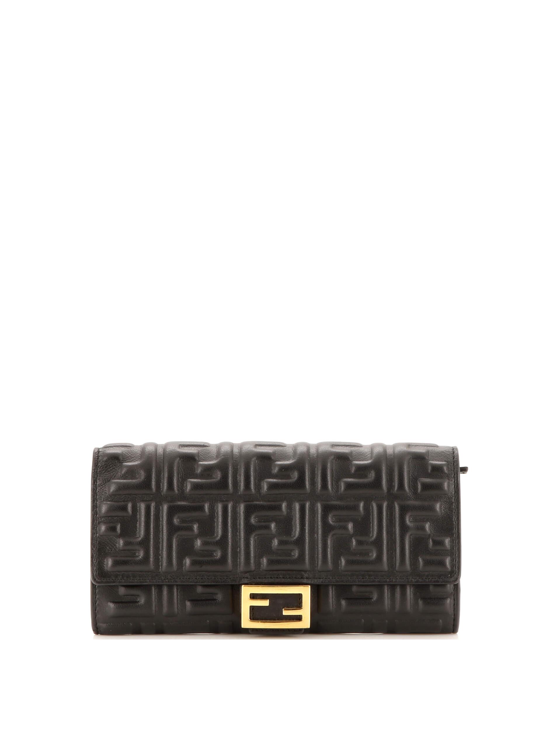 Fendi 100 Leather Black Baguette Continental Wallet Zucca Embossed