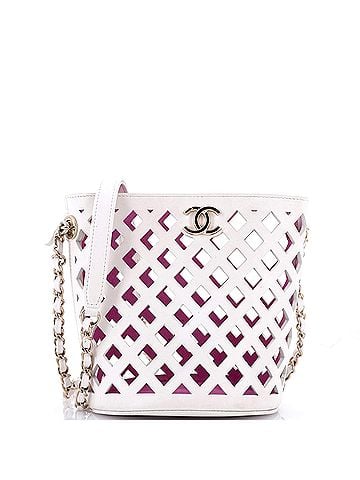 Chanel See Through Drawstring Bucket Bag Perforated Leather with Quilted Printed Canvas Small (view 1)