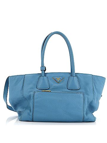 Prada 100% Leather Blue Front Pocket Wing Convertible Tote Vitello Daino One size