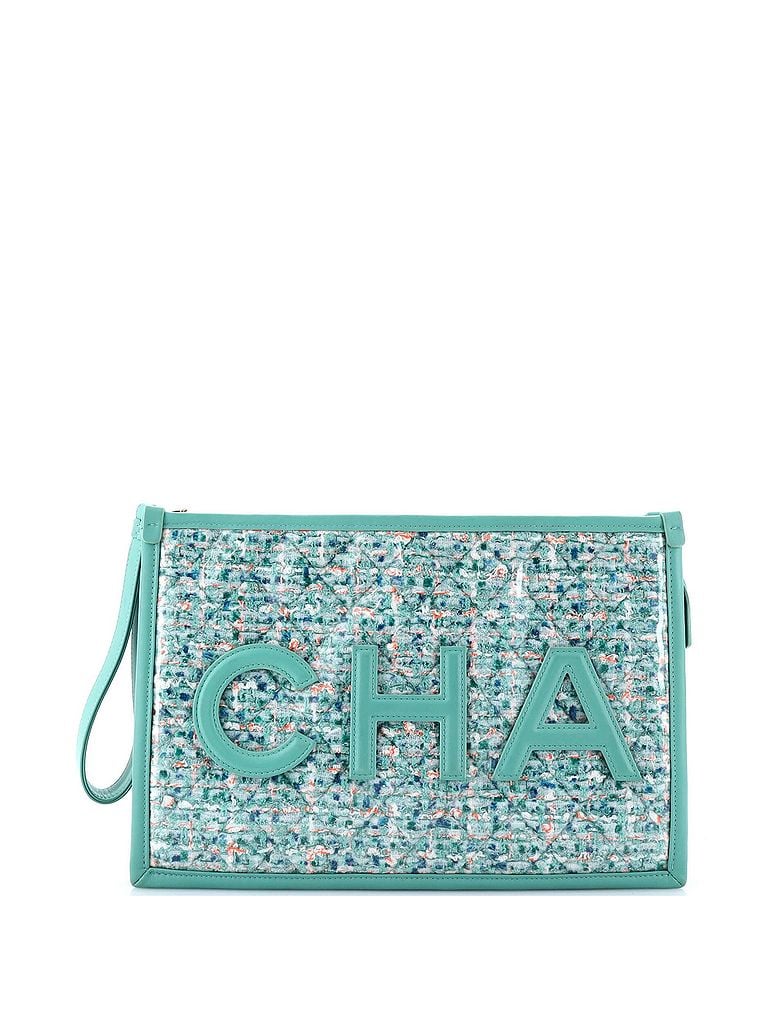 Chanel Green Blue Logo Wristlet Clutch PVC Over Quilted Tweed Large One size - photo 1