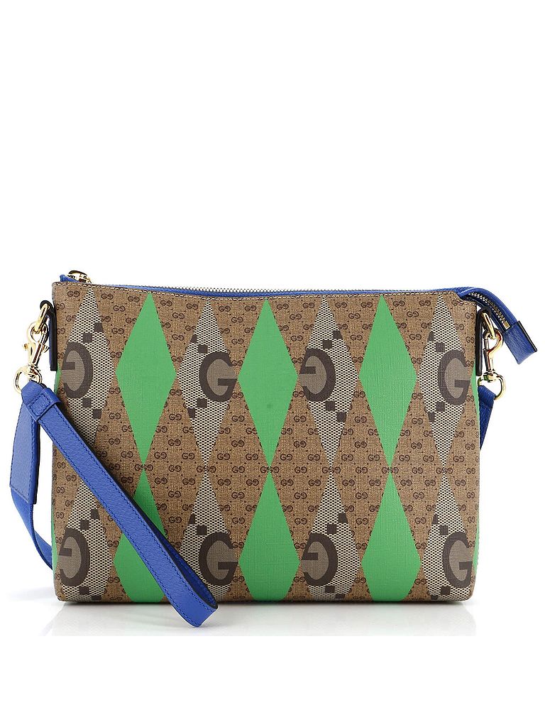Gucci 100% Coatead Canvas Green Wristlet Pouch Rhombus GG Coated Canvas with Leather Medium One size - photo 1