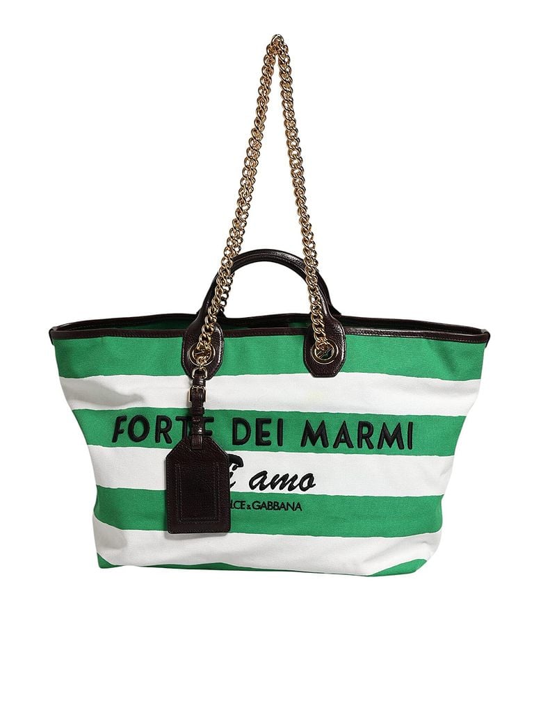 Dolce & Gabbana Basic 100% Canvas Solid Green White Green Stripes Canvas Gold Chain Tote Women's Bag One size - photo 1