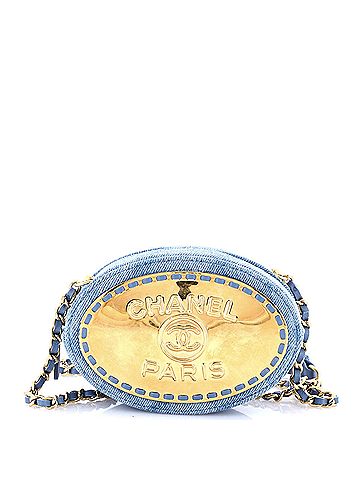 Chanel Logo Plate Oval Clutch With Chain Metal and Denim (view 1)