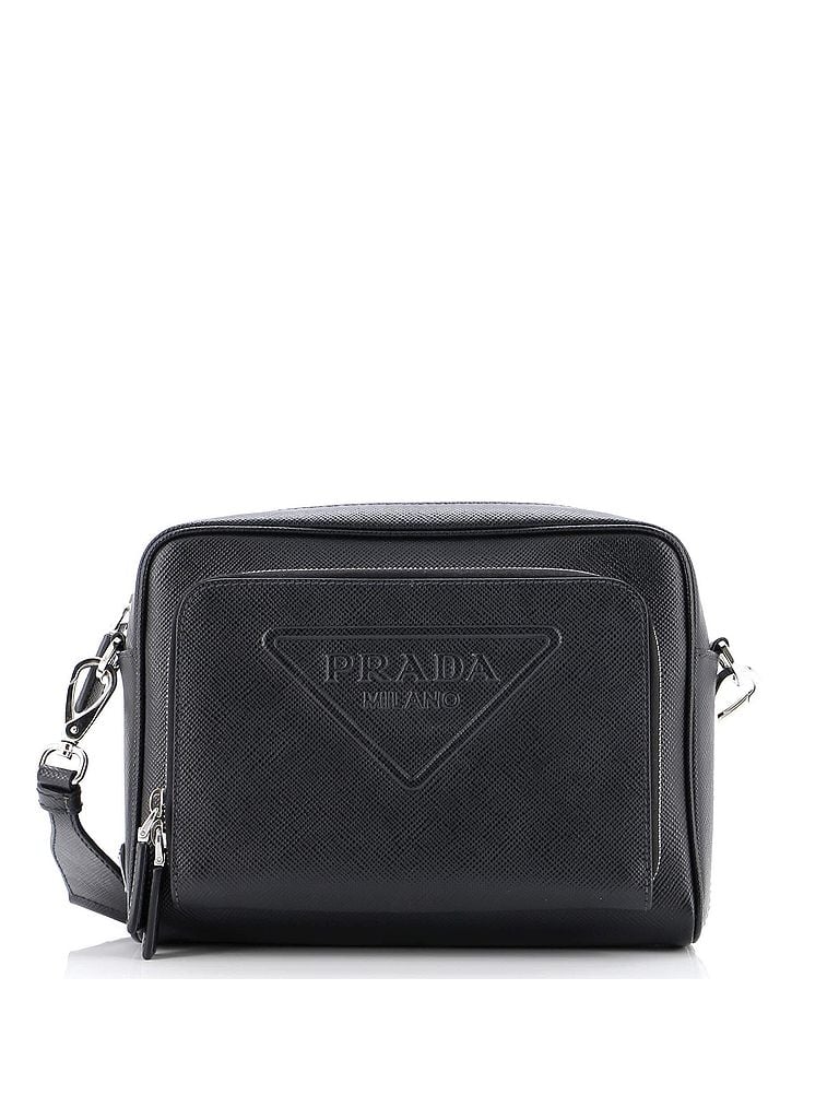Prada 100% Leather Black Triangle Logo Messenger Bag Embossed Saffiano Leather Small One size - photo 1
