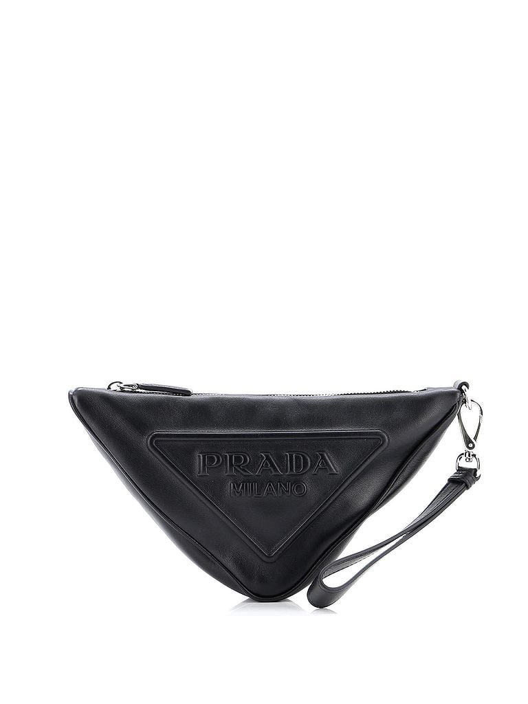 Prada 100% Leather Black Triangle Logo Wristlet Pouch Embossed Leather One size - photo 1