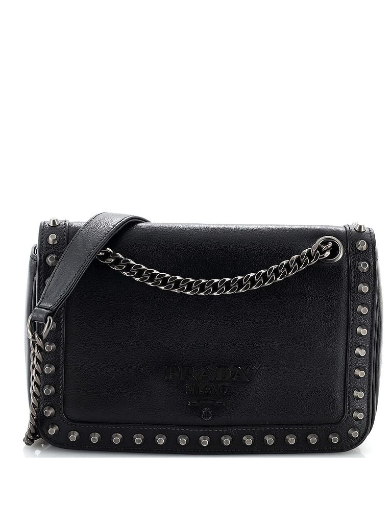 Prada 100% Leather Black Chain Flap Bag Studded Glace Calf Small One size - photo 1