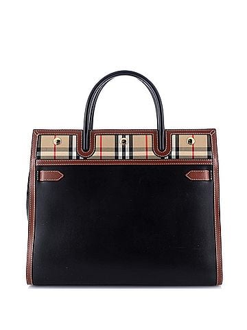 Burberry Title Two Handle Tote Leather with Vintage Check Canvas Medium (view 1)