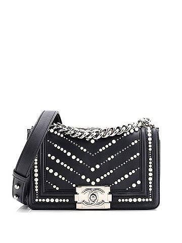 Chanel Boy Flap Bag Pearl Embellished Chevron Calfskin Small (view 1)
