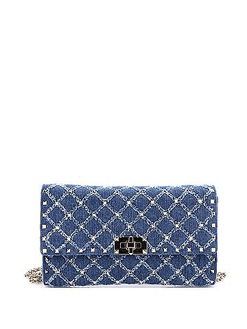 Valentino Garavani Rockstud Spike Wallet on Chain Quilted Denim Small (view 1)