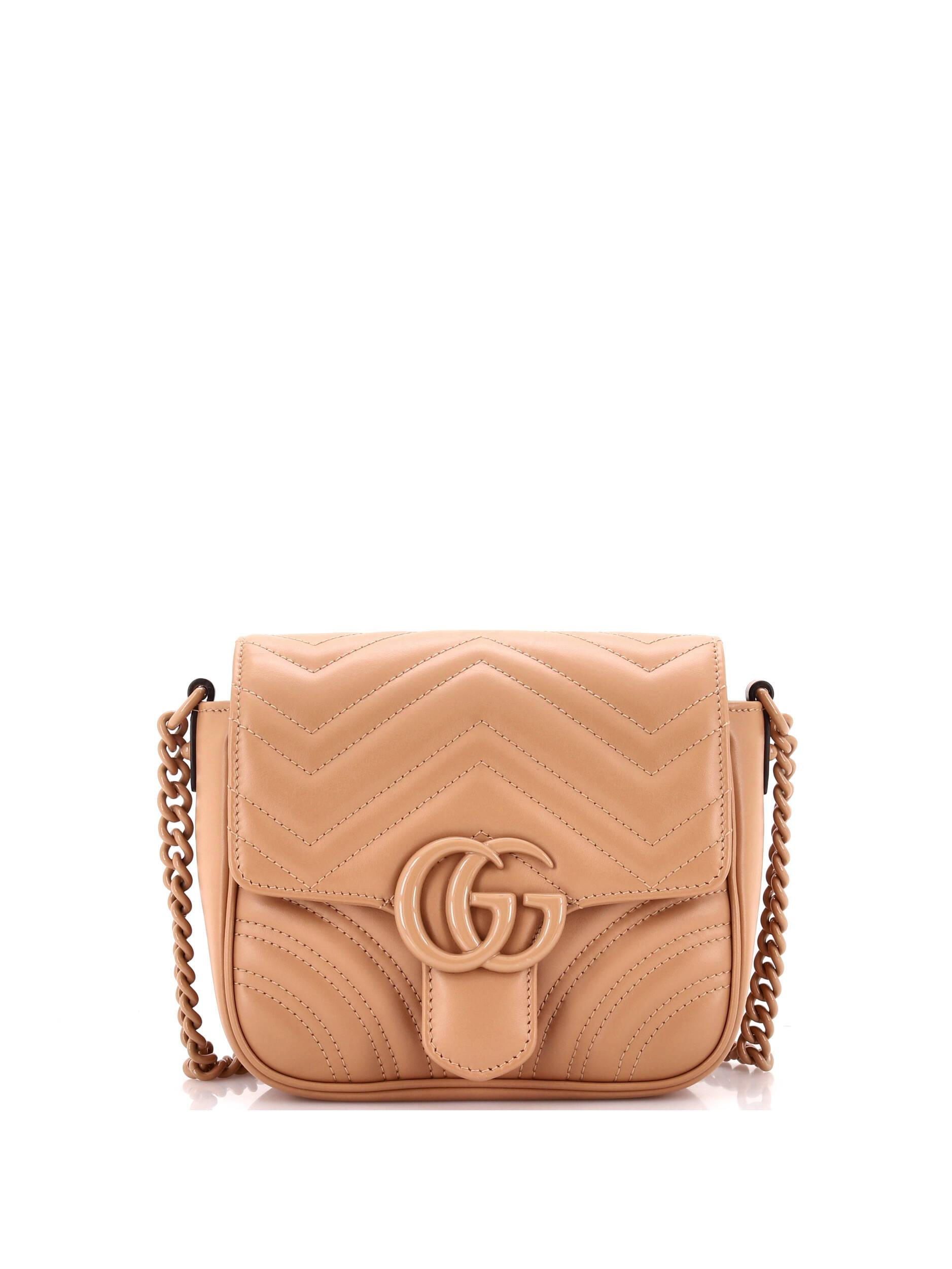 Gucci 100% Leather Tan GG Marmont Convertible Flap Shoulder Bag Matelasse Leather Mini One size