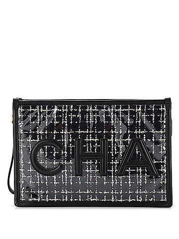 Chanel Logo Wristlet Clutch PVC Over Quilted Tweed Large (view 1)