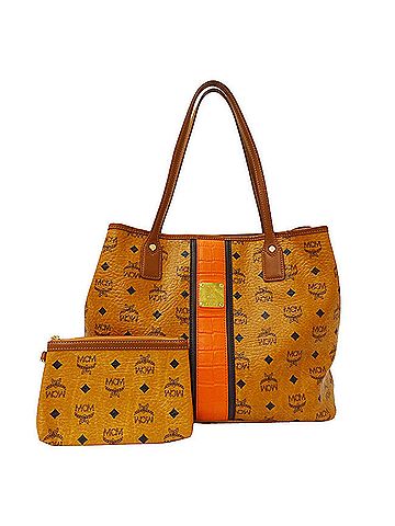 MCM Camel Orange Coated Canvas Tote Bag (view 1)
