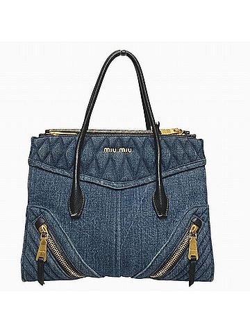 Miu Miu Black Blue Denim Leather Handbag Tote Bag (view 1)
