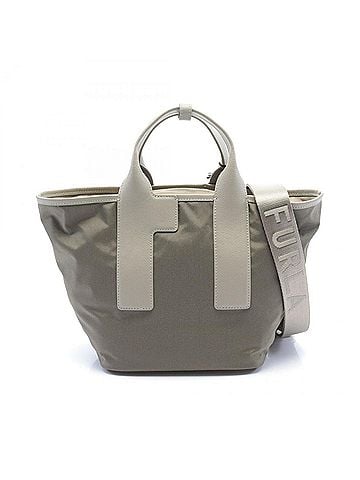 FURLA Beige Gray Khaki Leather Nylon Canvas Handbag (view 1)