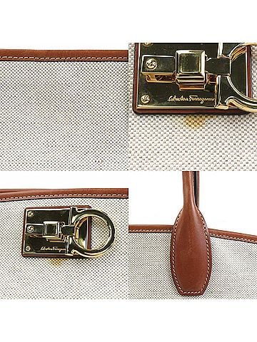 Salvatore Ferragamo Brown Ivory Canvas Leather Handbag (view 2)