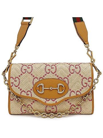 Gucci Horsebit Beige Yellow Raffia Leather Shoulder Bag (view 1)