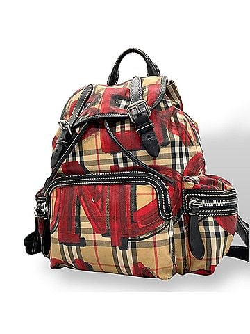 Burberry Beige Black Red Color Nylon Canvas Leather Backpack (view 1)