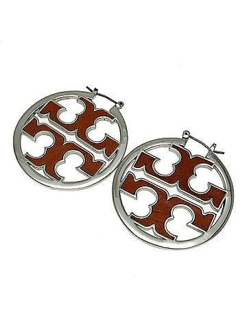 Tory Burch Brown Red Color Silver Leather Metal Stud Earrings (view 1)