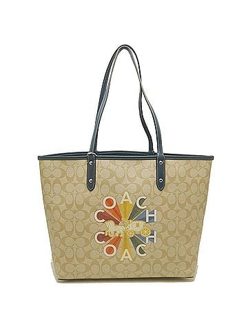Coach Beige Navy Coated Canvas Leather Tote Bag (view 1)