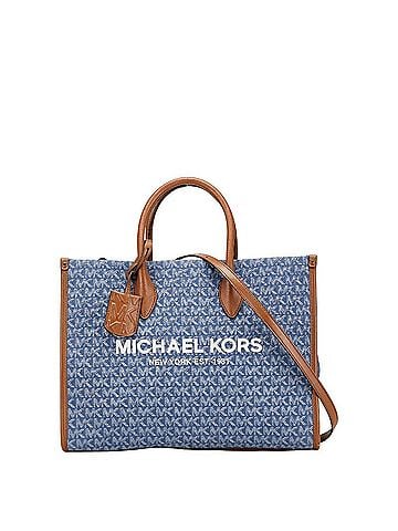 Michael Kors Michael Kors MK Signature Tote Bag/Shoulder Bag, 2-Way, Blue/Brown Canvas and Leather, Women's (view 1)