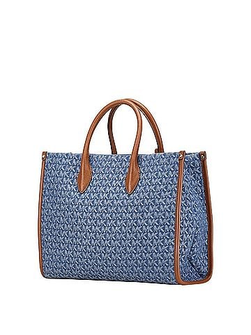Michael Kors Michael Kors MK Signature Tote Bag/Shoulder Bag, 2-Way, Blue/Brown Canvas and Leather, Women's (view 2)