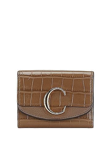 Chloé Chloé Chloe Crocodile Embossed Tri-fold Wallet Brown Leather Women's (view 1)
