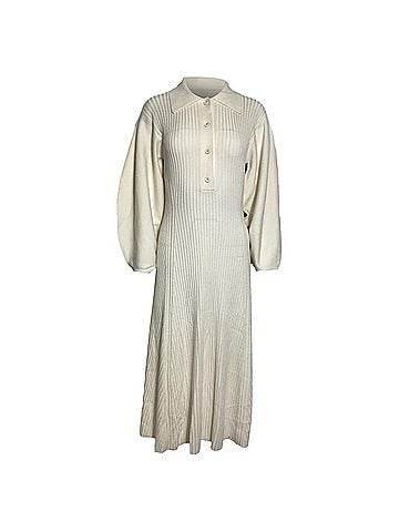 Chloé Chloe Ribbed-Knit Midi Collared Dress in Cream Wool (view 1)