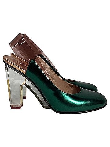 Dries Van Noten Dries Van Noten Metallic Clear Heel Pumps in Green Leather (view 1)