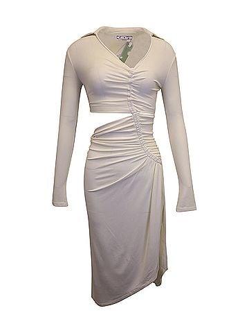 OFF-WHITE Off-White Asymmetric Cutout Ruched Stretch Dress in Cream Viscose (view 1)